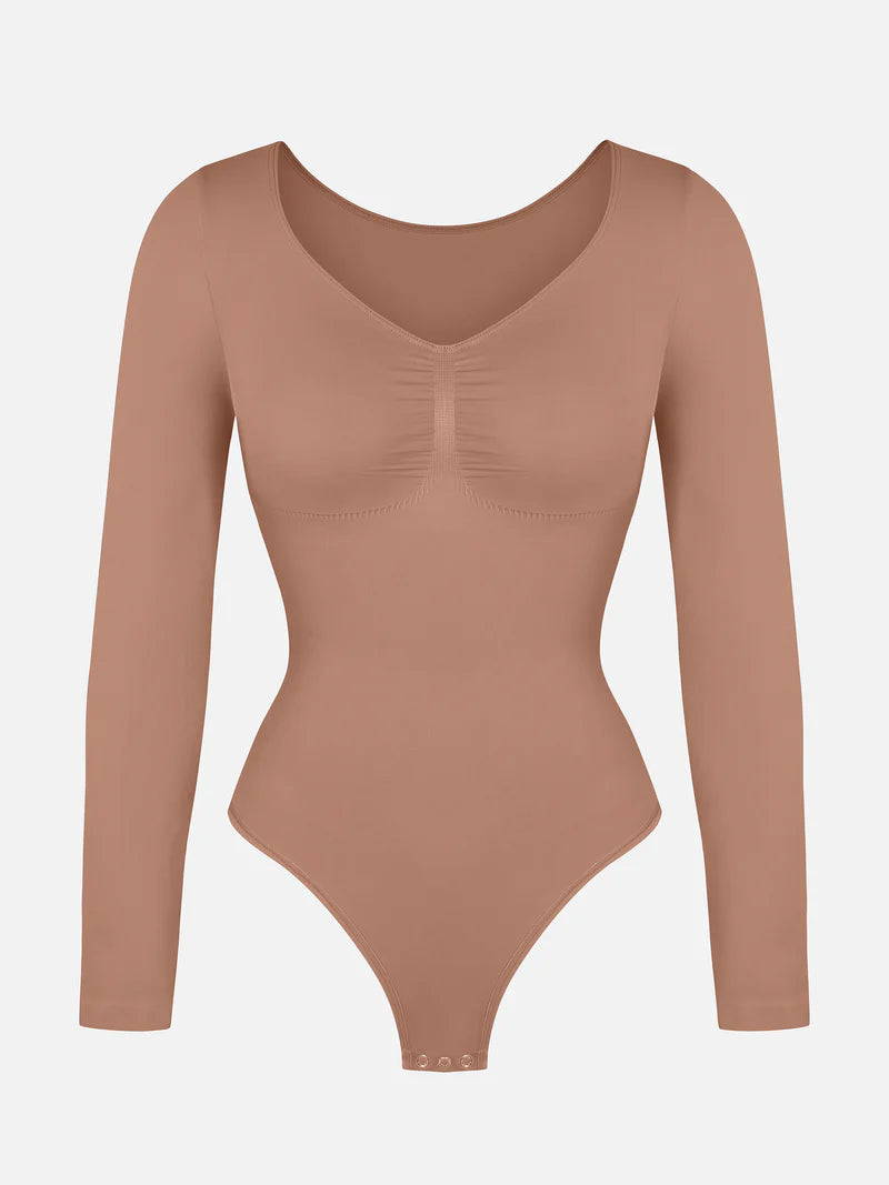 Seamless Long Sleeve Chest Support Tummy Control Thong Bodysuit
