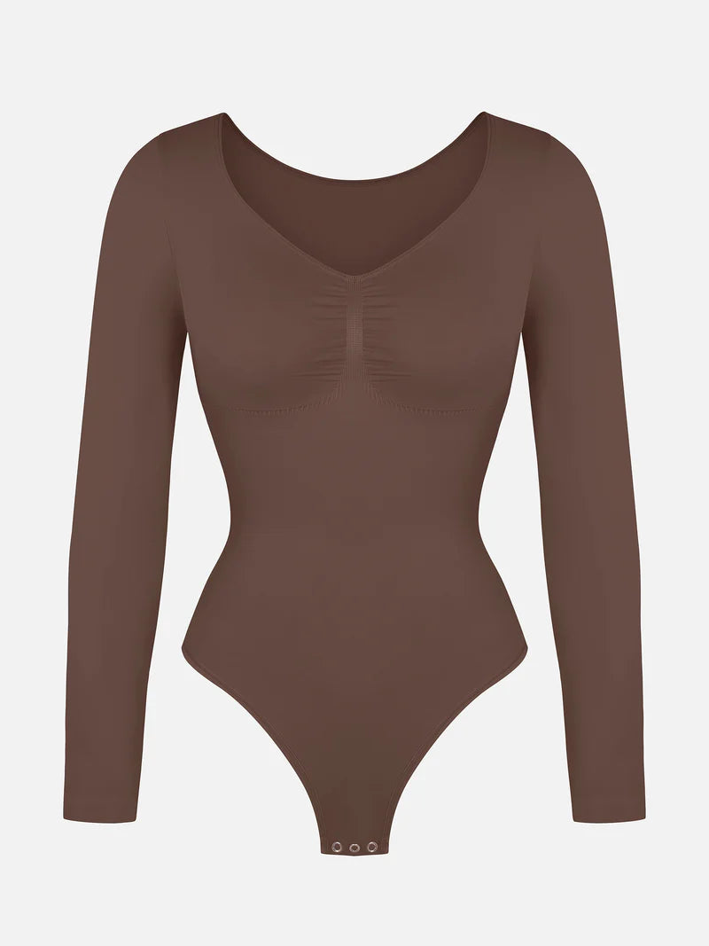 Seamless Long Sleeve Chest Support Tummy Control Thong Bodysuit