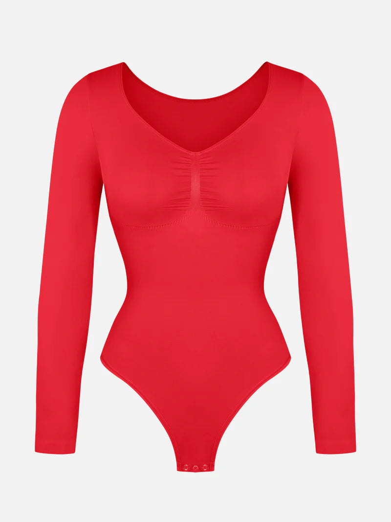 Seamless Long Sleeve Chest Support Tummy Control Thong Bodysuit
