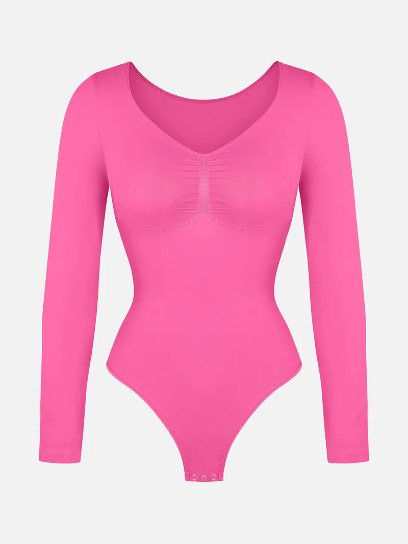 Seamless Long Sleeve Chest Support Tummy Control Thong Bodysuit