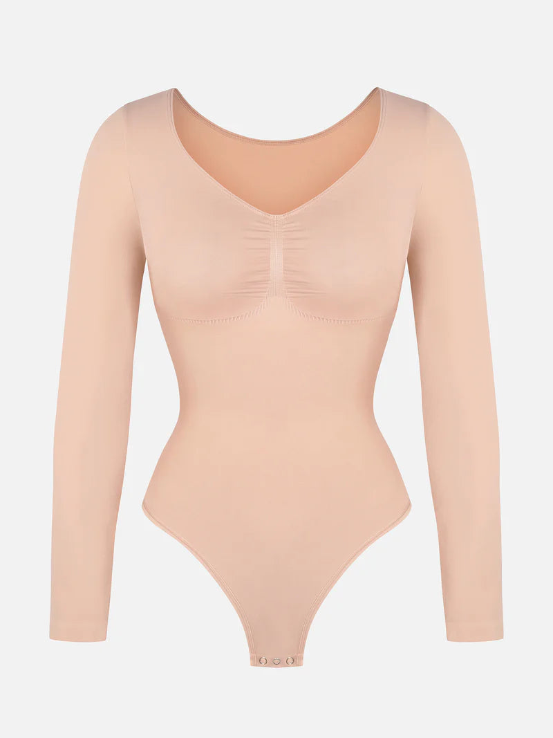 Seamless Long Sleeve Chest Support Tummy Control Thong Bodysuit