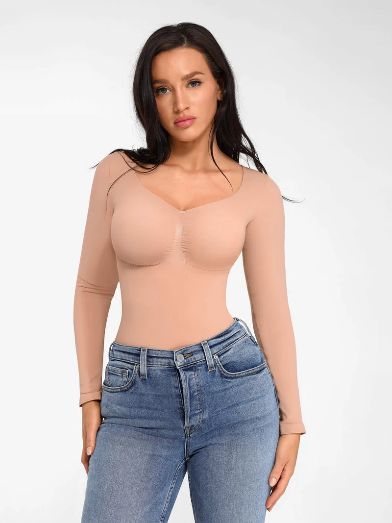 Seamless Long Sleeve Chest Support Tummy Control Thong Bodysuit