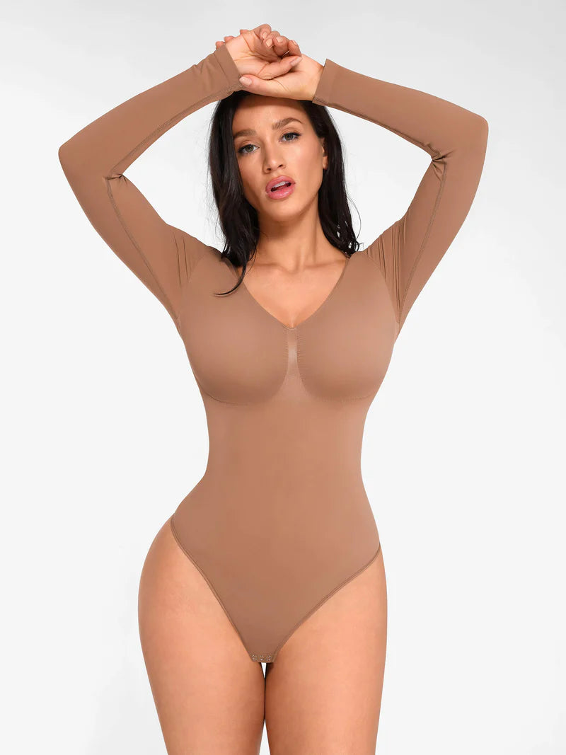 Seamless Long Sleeve Chest Support Tummy Control Thong Bodysuit