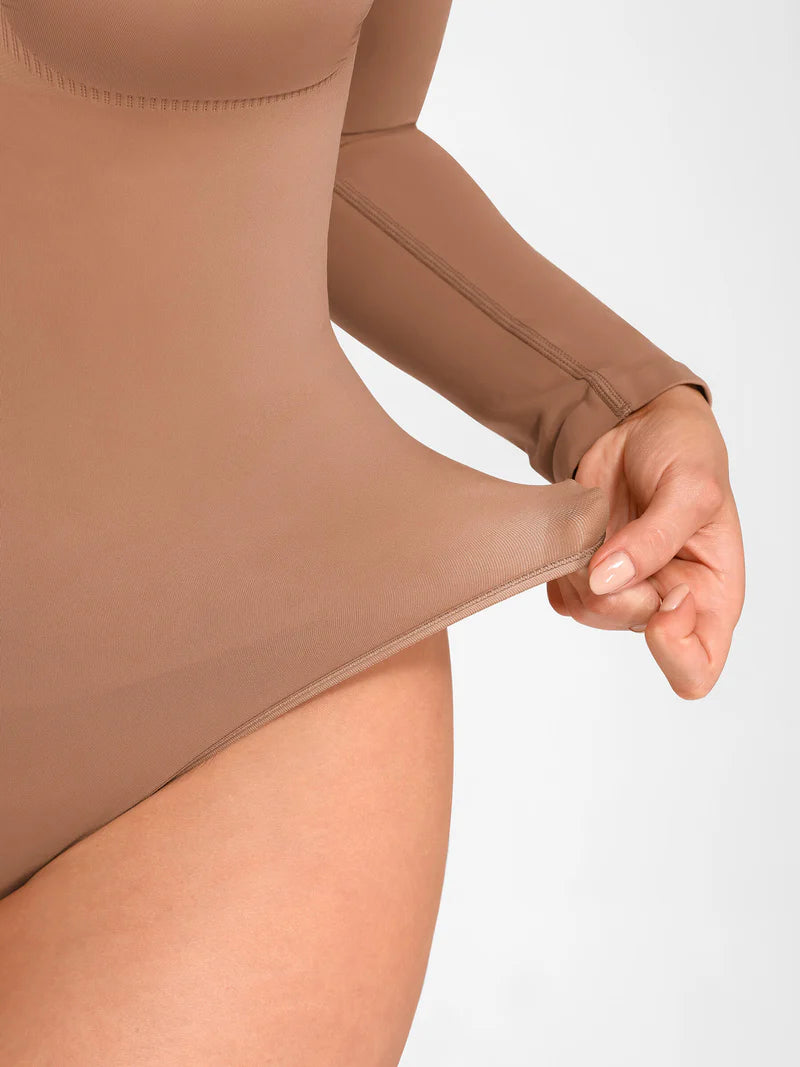 Seamless Long Sleeve Chest Support Tummy Control Thong Bodysuit