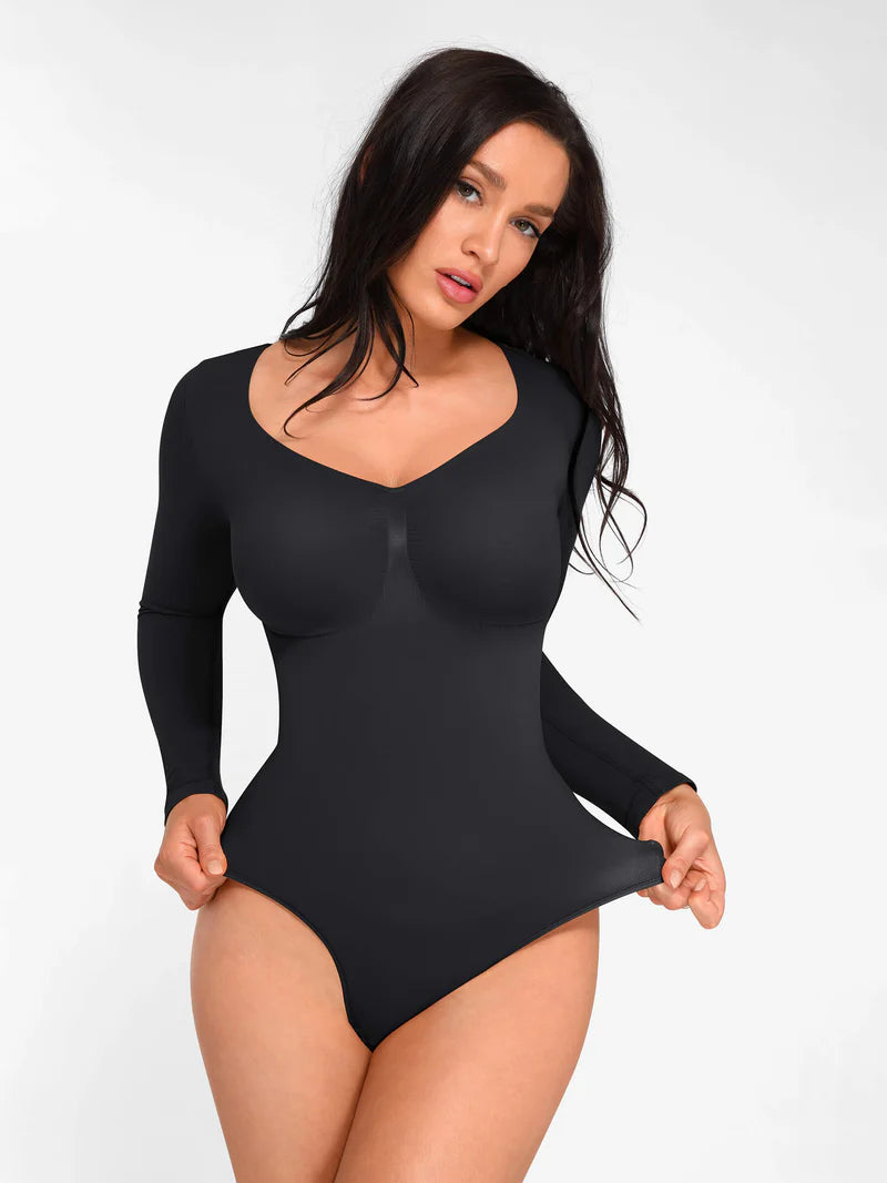Seamless Long Sleeve Chest Support Tummy Control Thong Bodysuit