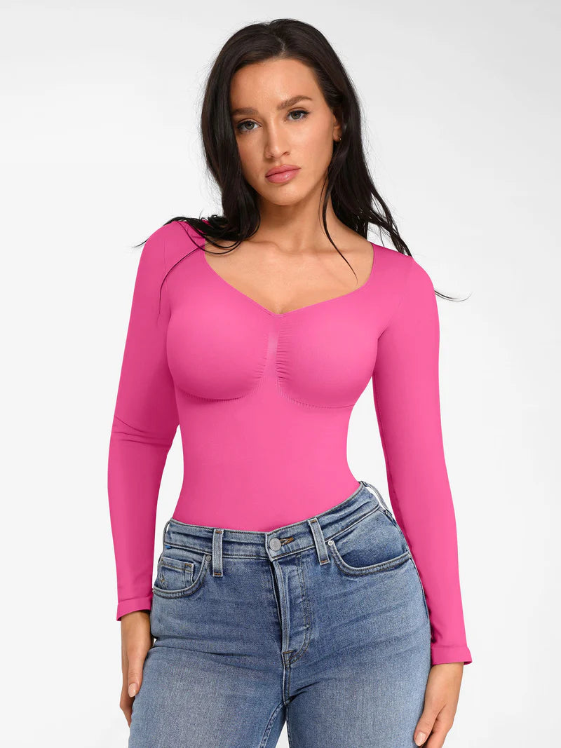 Seamless Long Sleeve Chest Support Tummy Control Thong Bodysuit