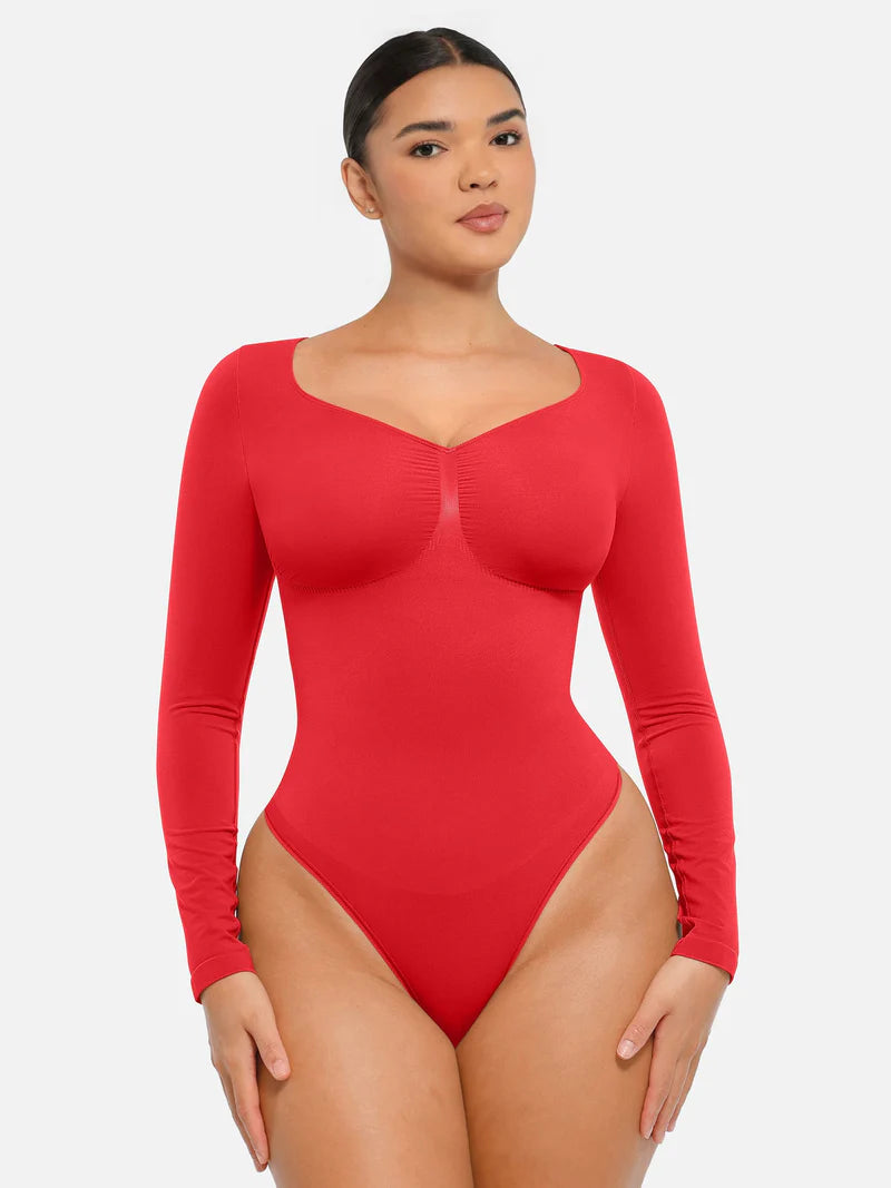 Seamless Long Sleeve Chest Support Tummy Control Thong Bodysuit