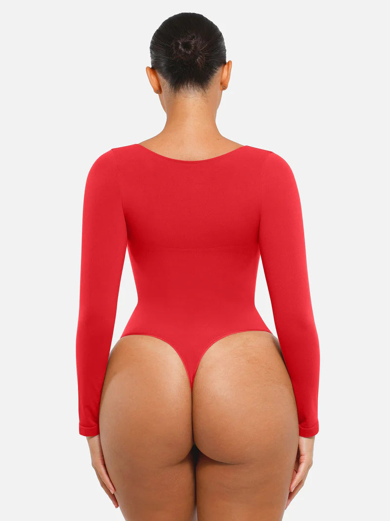 Seamless Long Sleeve Chest Support Tummy Control Thong Bodysuit