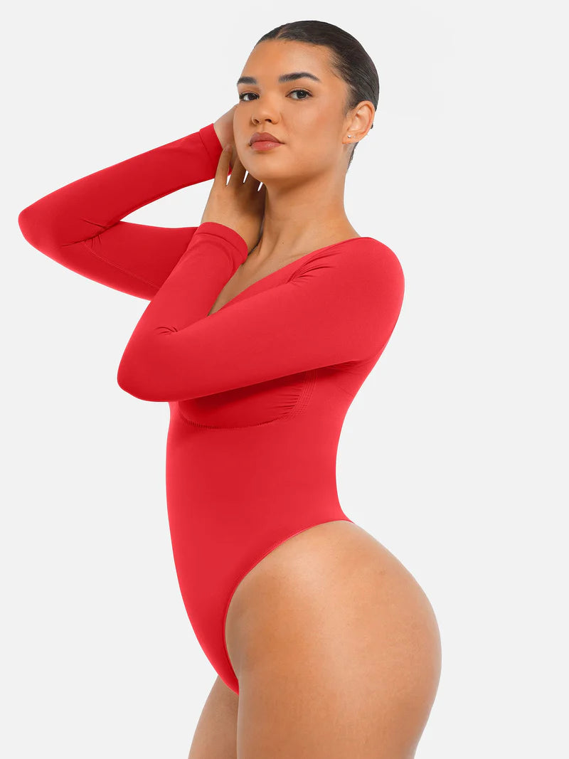 Seamless Long Sleeve Chest Support Tummy Control Thong Bodysuit