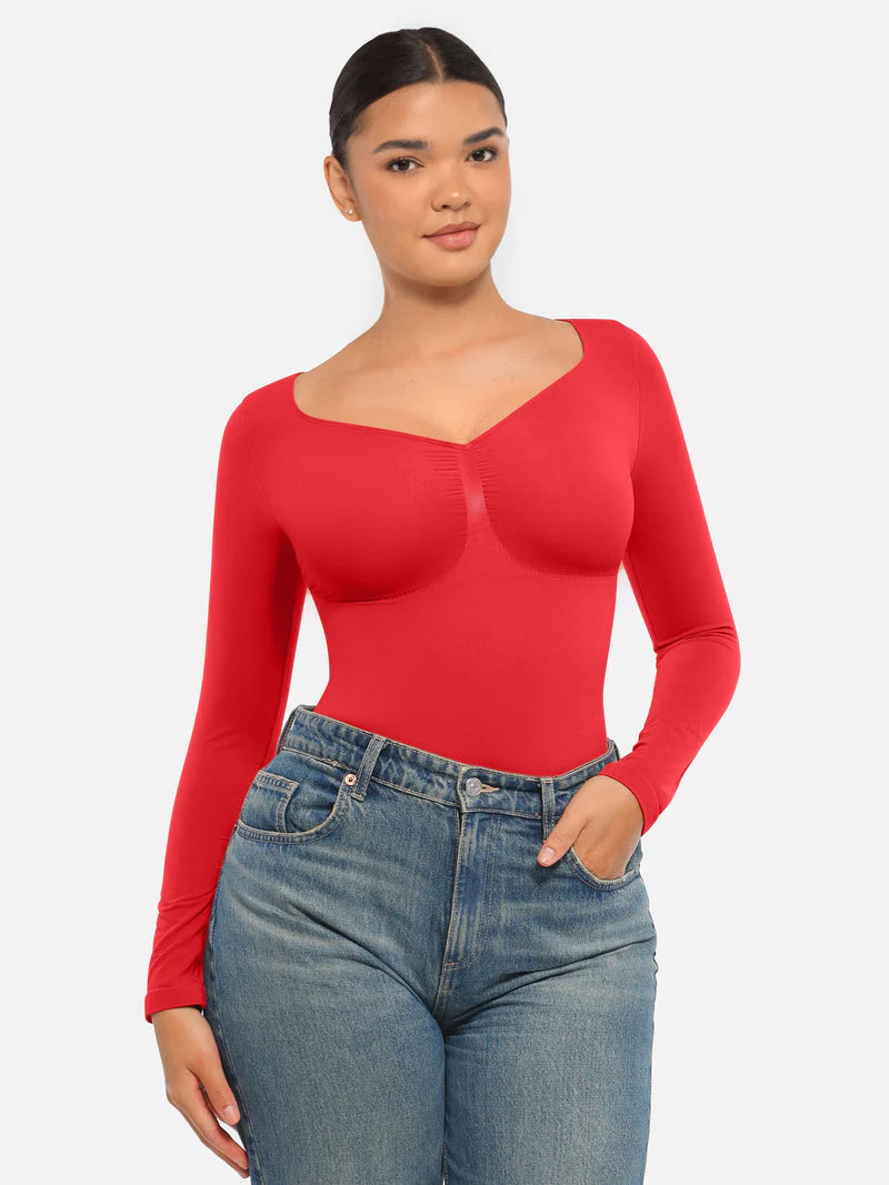 Seamless Long Sleeve Chest Support Tummy Control Thong Bodysuit