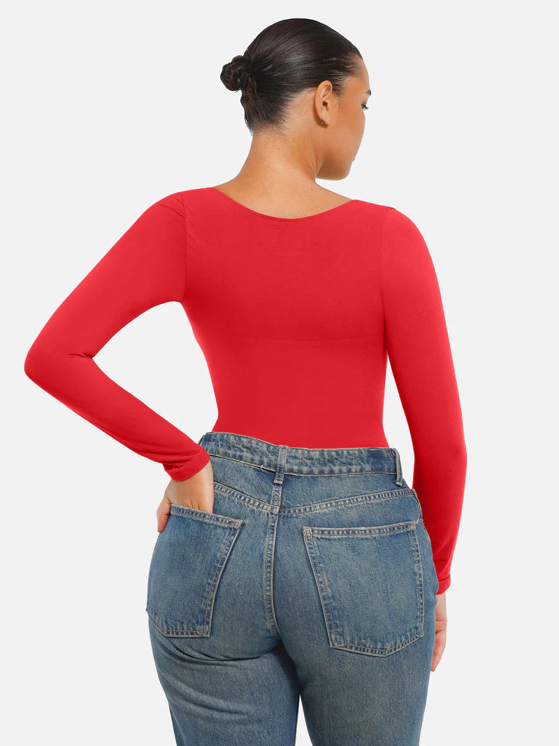 Seamless Long Sleeve Chest Support Tummy Control Thong Bodysuit