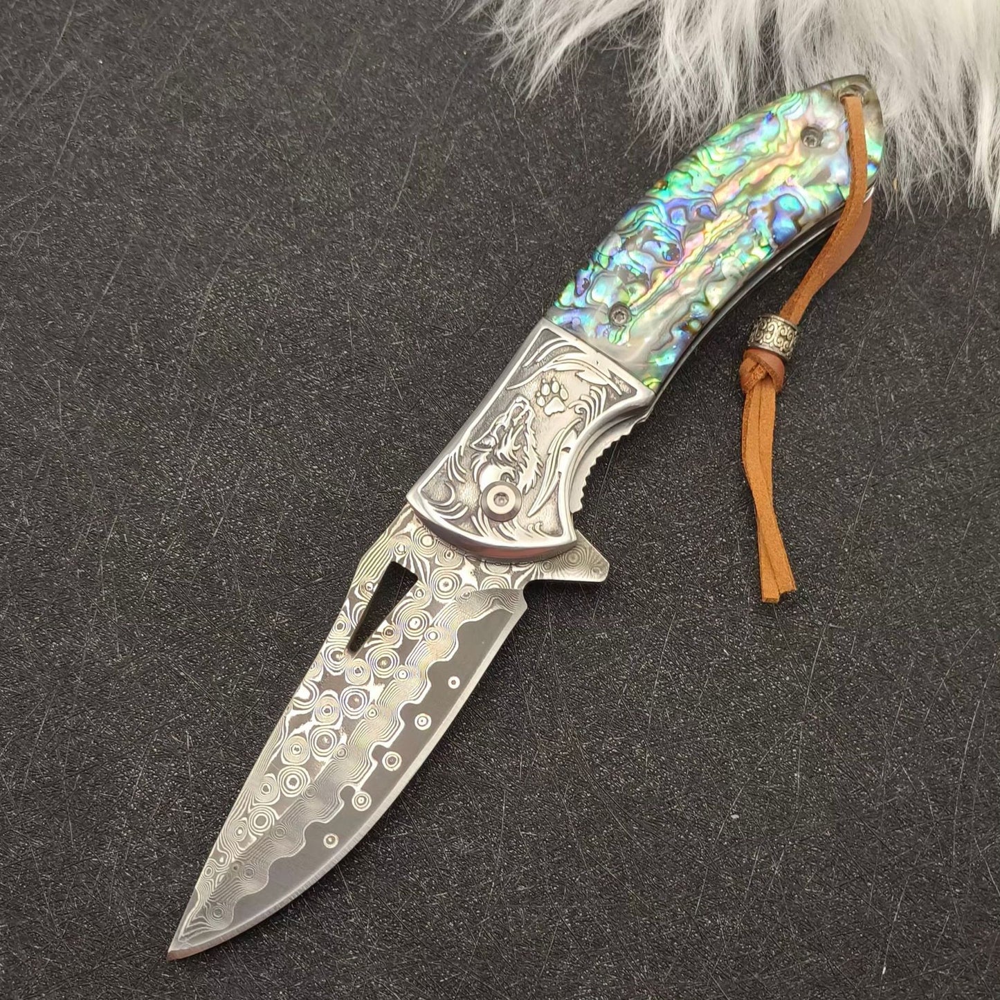 Damascus Steel EDC Folding Knife with Iridescent Abalone Shell Resin Handle