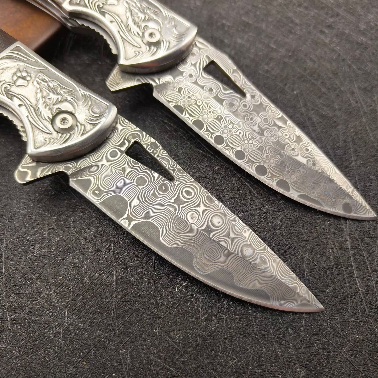 Damascus Steel EDC Folding Knife with Iridescent Abalone Shell Resin Handle