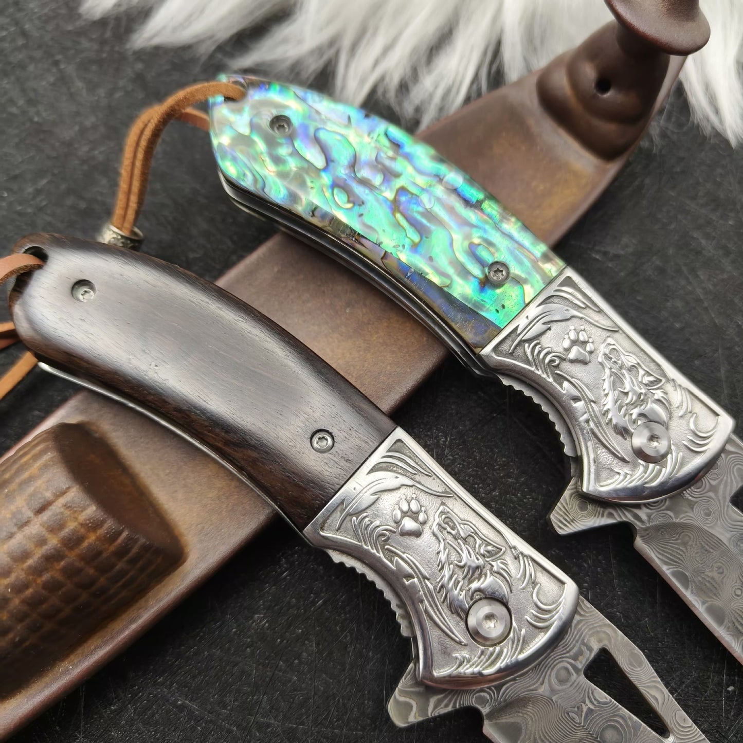 Damascus Steel EDC Folding Knife with Iridescent Abalone Shell Resin Handle