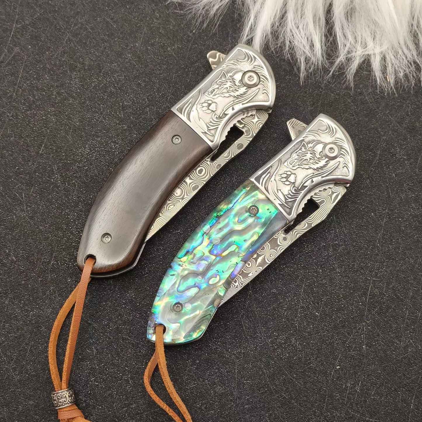 Damascus Steel EDC Folding Knife with Iridescent Abalone Shell Resin Handle