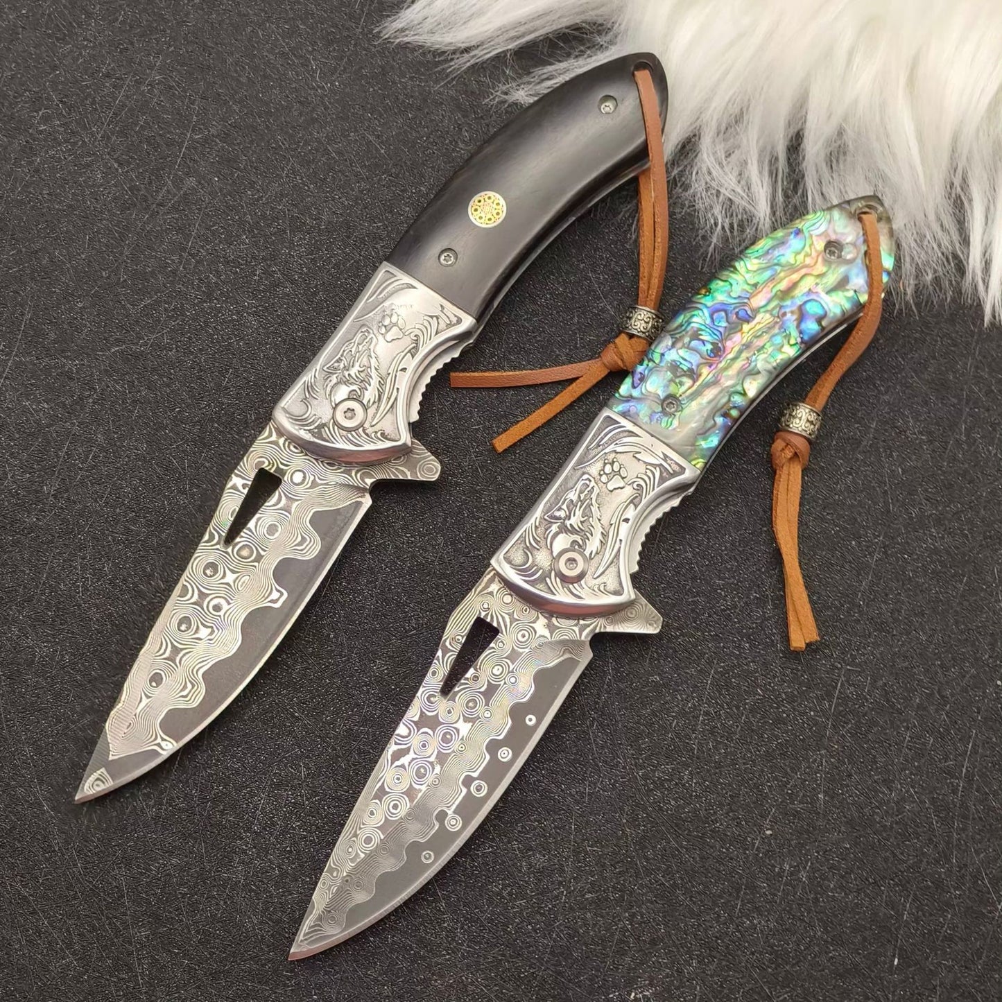 Damascus Steel EDC Folding Knife with Iridescent Abalone Shell Resin Handle