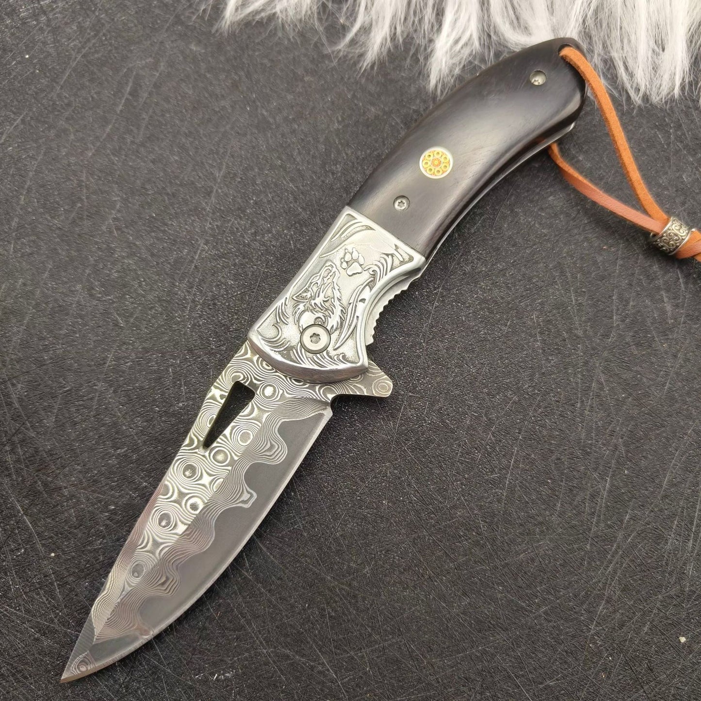 Damascus Steel EDC Folding Knife with Iridescent Abalone Shell Resin Handle