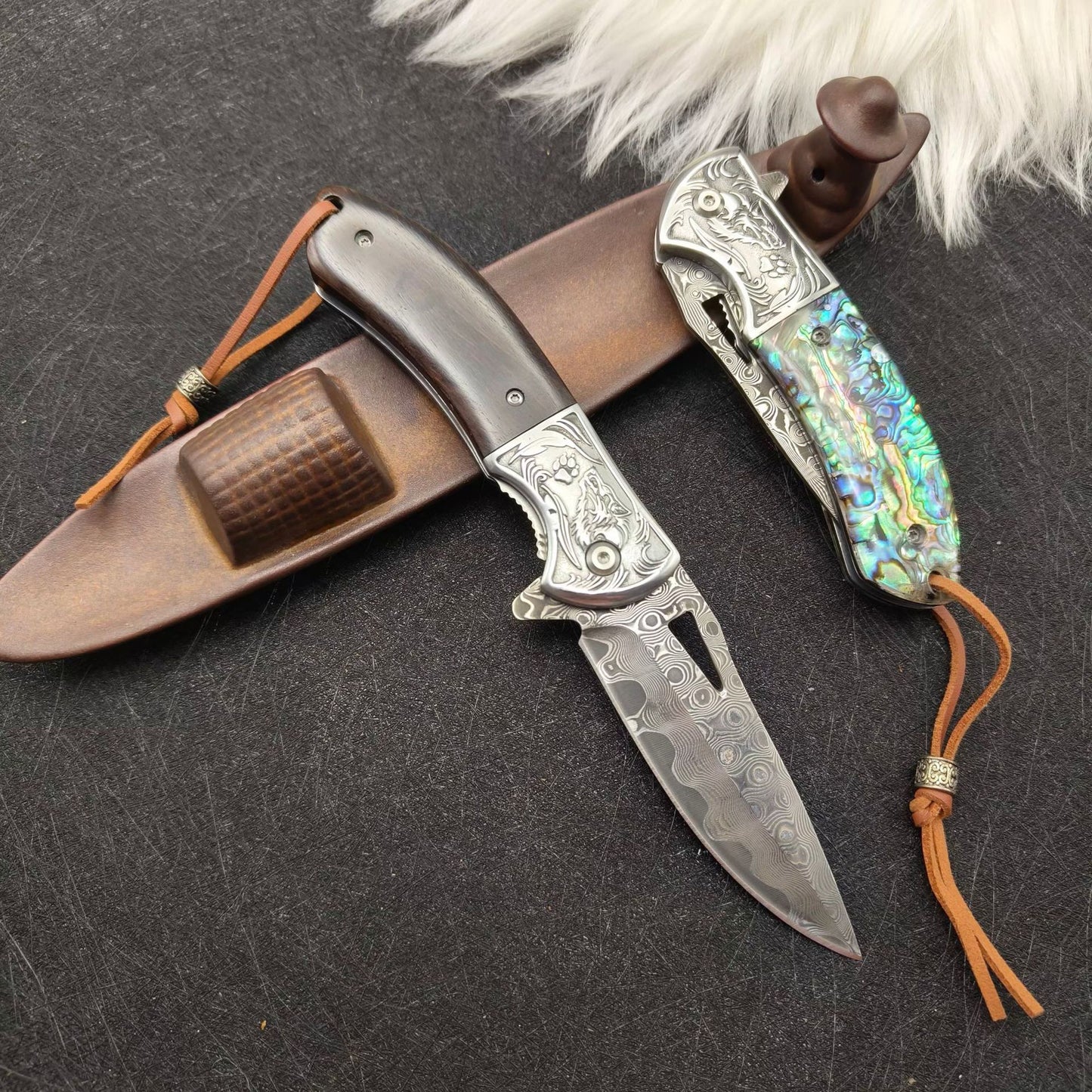 Damascus Steel EDC Folding Knife with Iridescent Abalone Shell Resin Handle