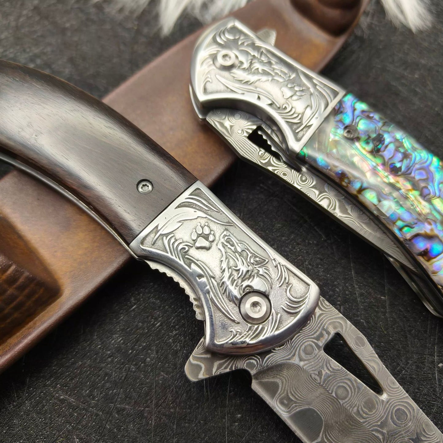 Damascus Steel EDC Folding Knife with Iridescent Abalone Shell Resin Handle