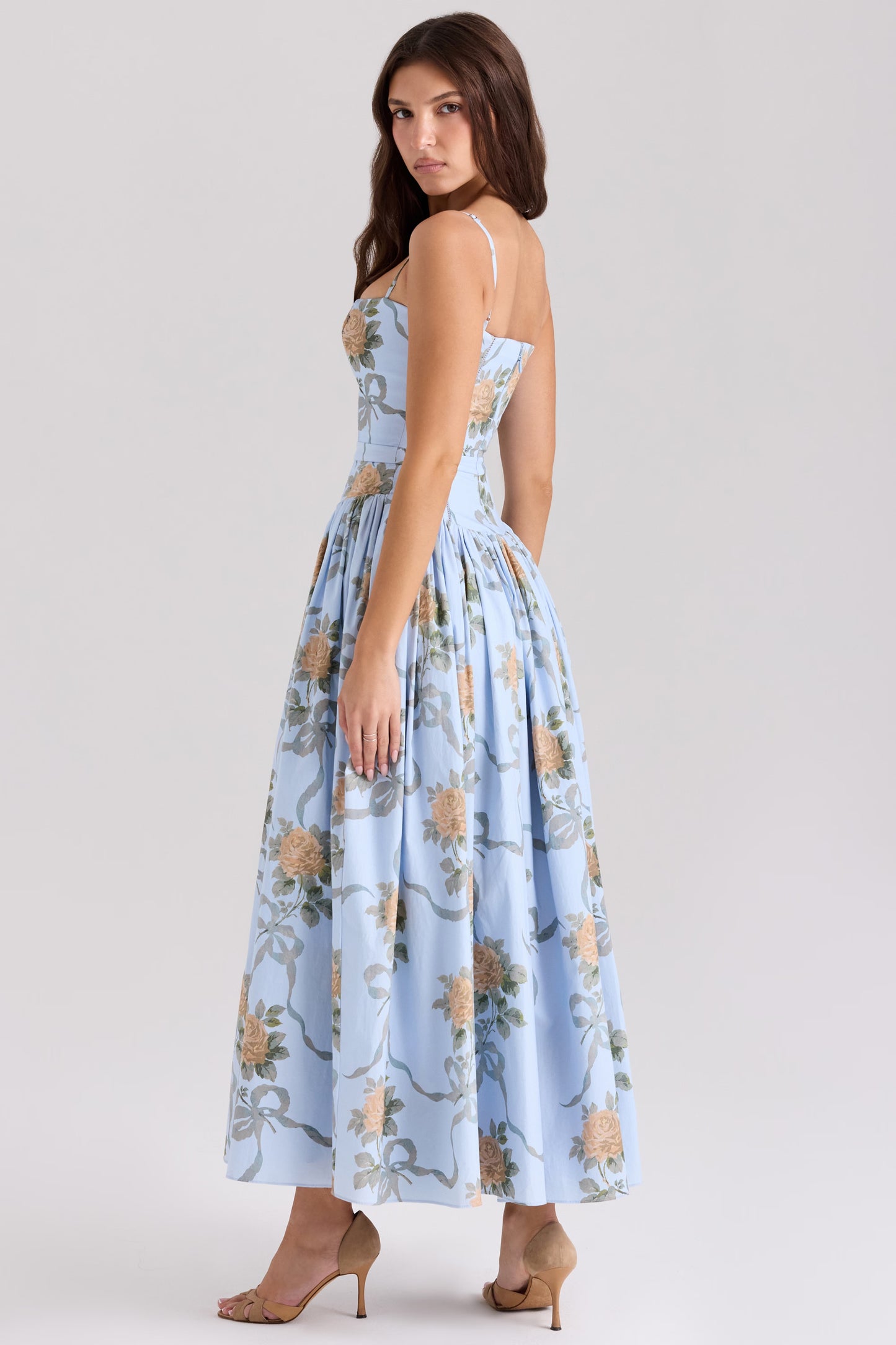 YSABELLA Blue Vintage Rose Print Cotton Midi Sundress