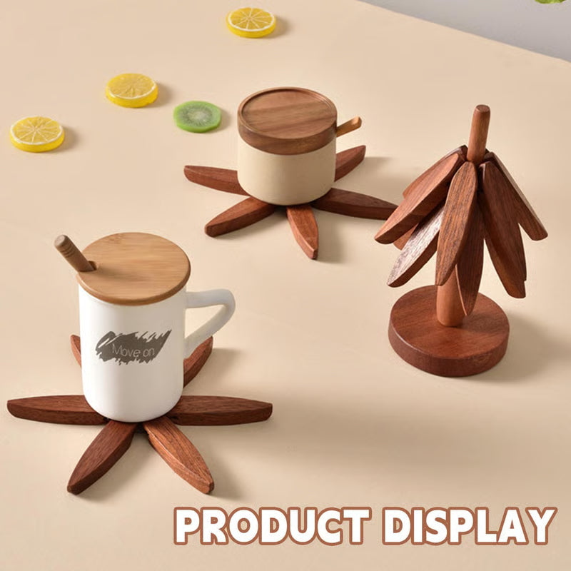 Natural Wood Trivet Set – 4 Pieces with Tree Stand