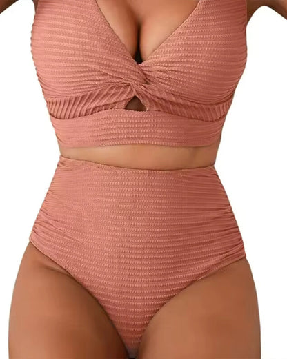 Textured Knot-Front High-Waisted Bikini Set