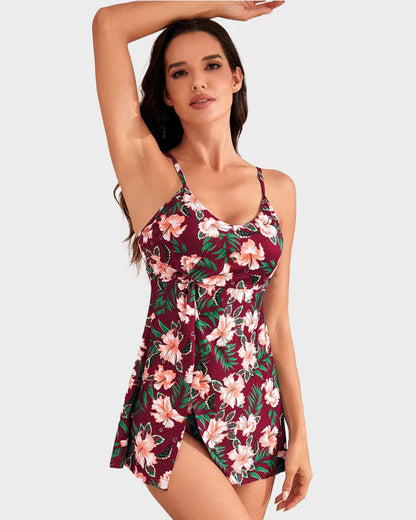 Tummy Control V Neck Twist Knot Tropical Skirted Swimdress