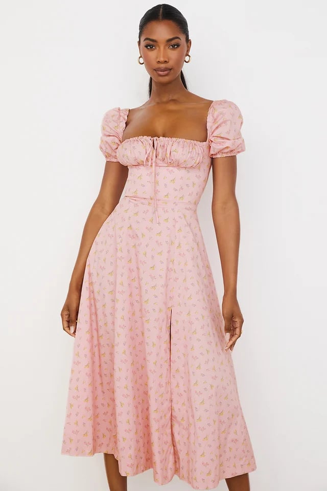 PINK FLORAL PUFF SLEEVE MIDI DRESS