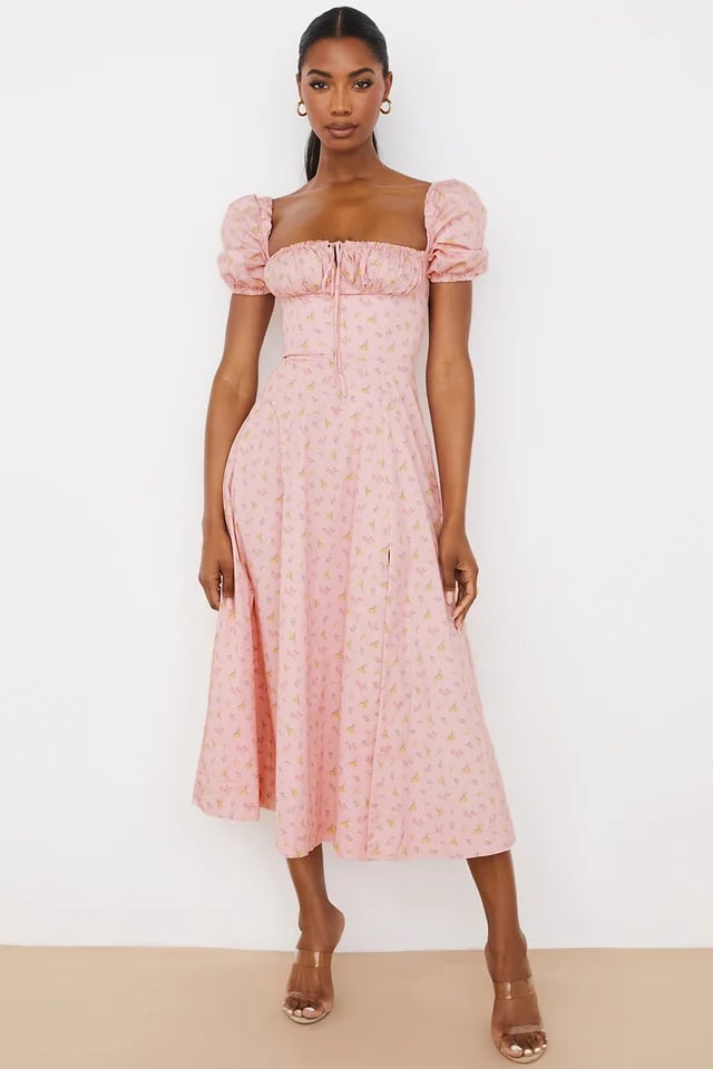 PINK FLORAL PUFF SLEEVE MIDI DRESS