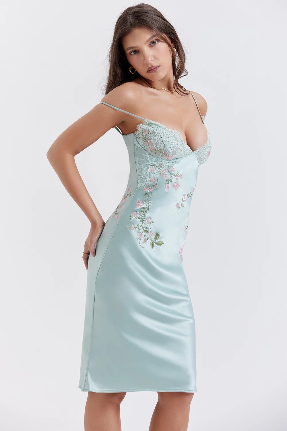 🥰FALLON LIGHT JADE EMBROIDERED SLIP DRESS🔥Promotion 45%