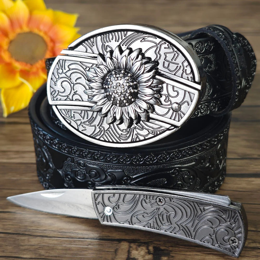 Hidden Utility Belt Buckle - Embossed Leather Western Cowboy Belt