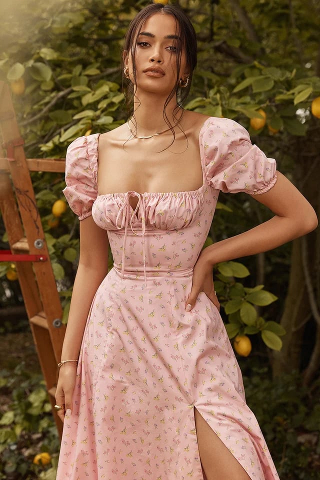 PINK FLORAL PUFF SLEEVE MIDI DRESS