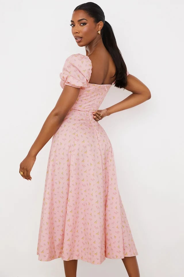 PINK FLORAL PUFF SLEEVE MIDI DRESS