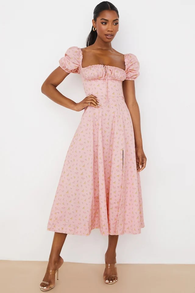 PINK FLORAL PUFF SLEEVE MIDI DRESS