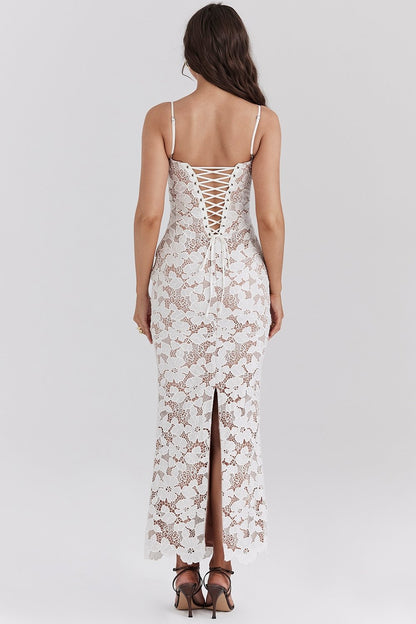 PEARL WHITE FLORAL EMBROIDERED MAXI DRESS