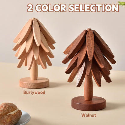 Natural Wood Trivet Set – 4 Pieces with Tree Stand