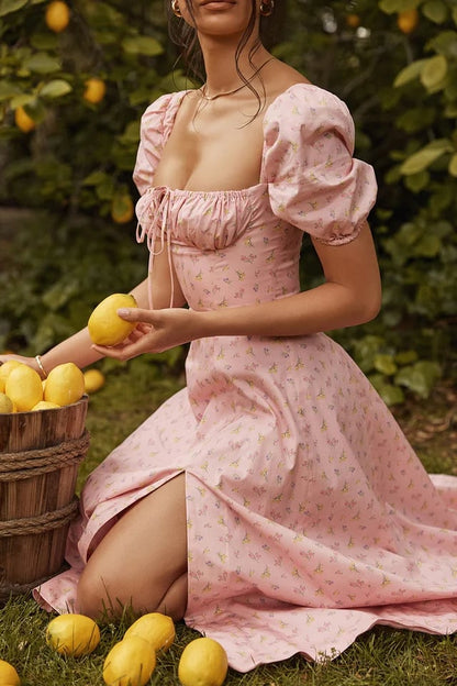 PINK FLORAL PUFF SLEEVE MIDI DRESS