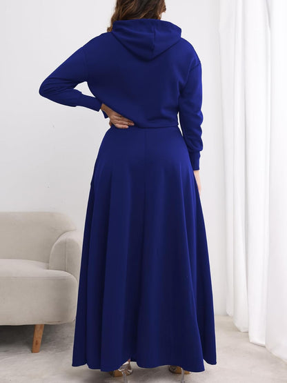 Women's Solid Drawstring Hoodie & Split Thigh Skirt Set