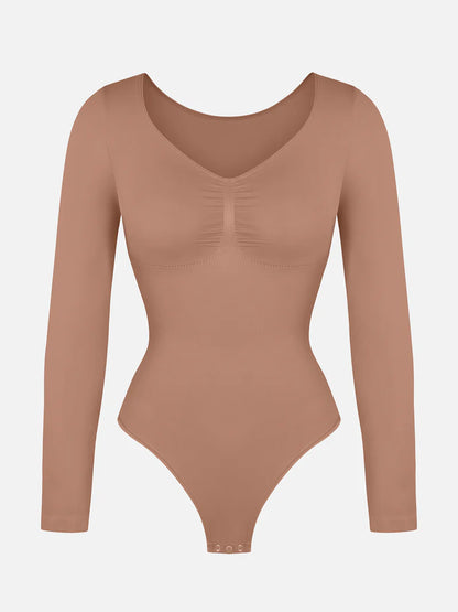 Seamless Long Sleeve Chest Support Tummy Control Thong Bodysuit