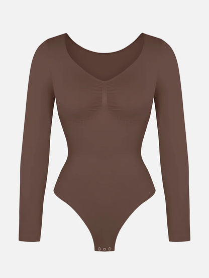 Seamless Long Sleeve Chest Support Tummy Control Thong Bodysuit