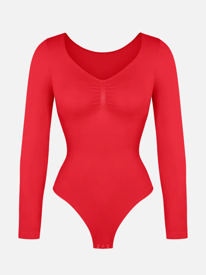 Seamless Long Sleeve Chest Support Tummy Control Thong Bodysuit