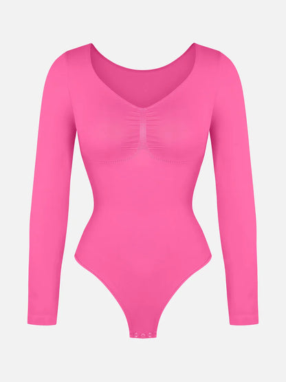 Seamless Long Sleeve Chest Support Tummy Control Thong Bodysuit