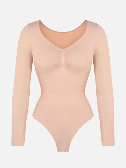 Seamless Long Sleeve Chest Support Tummy Control Thong Bodysuit
