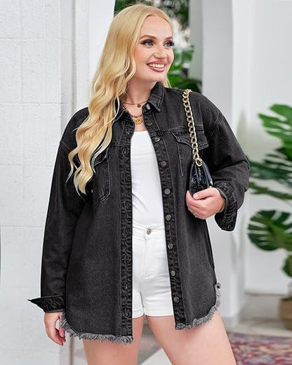 Women's Casual Denim Button Down Distressed Jacket