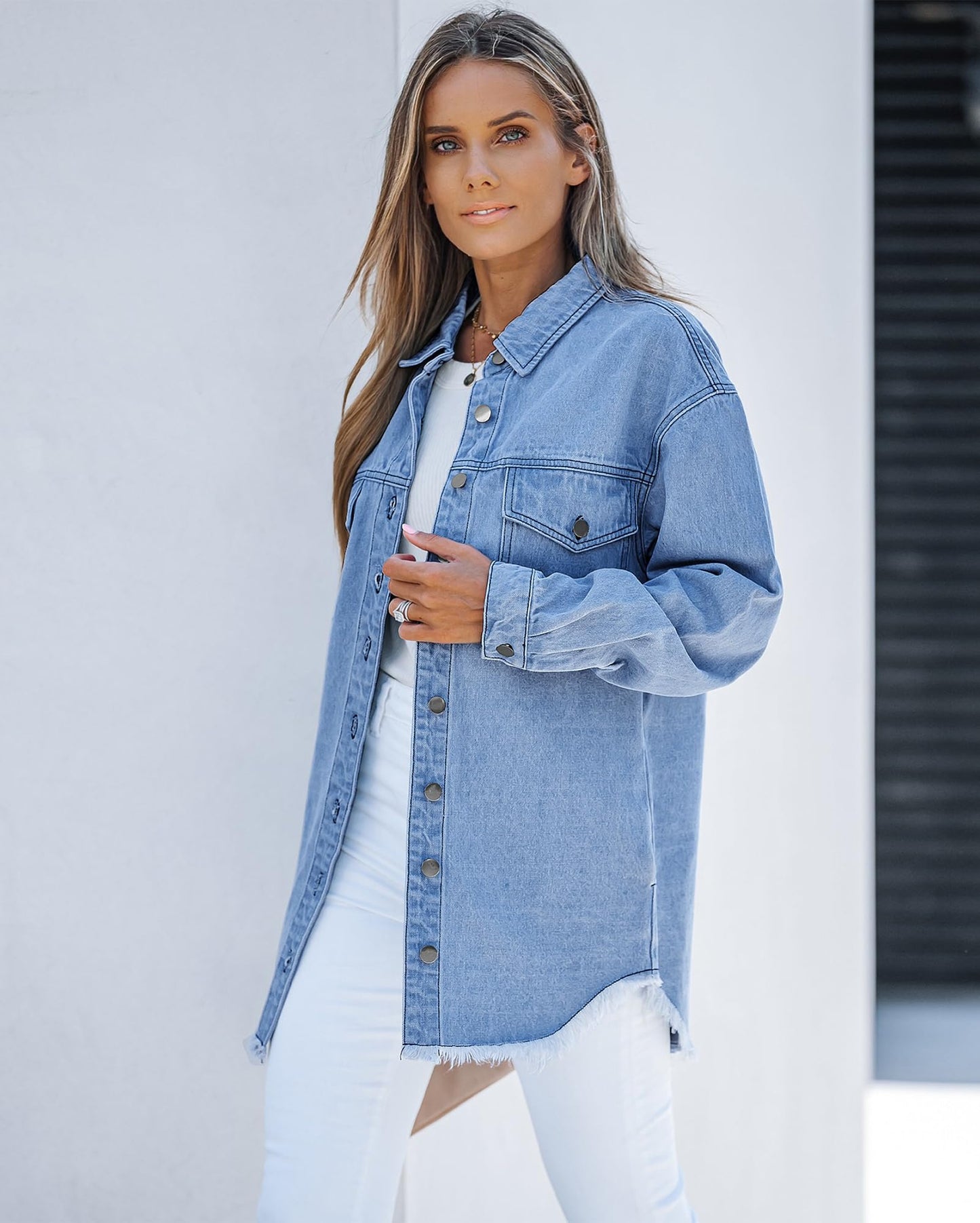 Women's Casual Denim Button Down Distressed Jacket