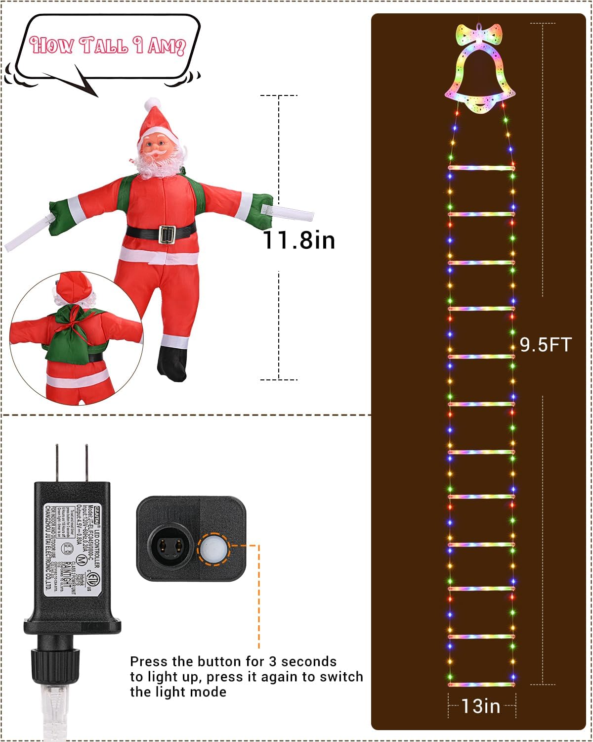 Christmas Santa Climbing Stairs Light, 8 Flashing Modes