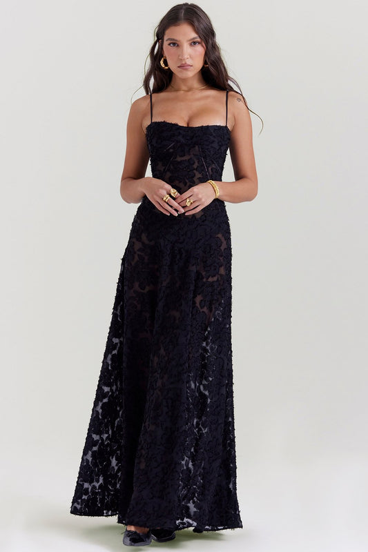 SEREN BLACK FLORAL LACE BACK MAXI DRESS