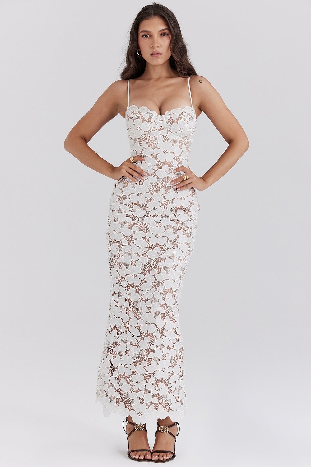 PEARL WHITE FLORAL EMBROIDERED MAXI DRESS