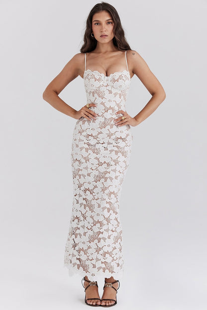 PEARL WHITE FLORAL EMBROIDERED MAXI DRESS