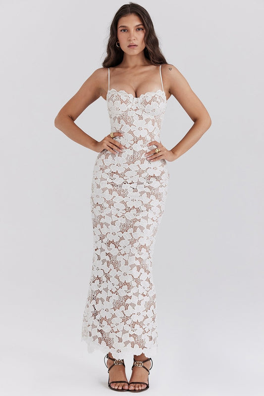 PEARL WHITE FLORAL EMBROIDERED MAXI DRESS
